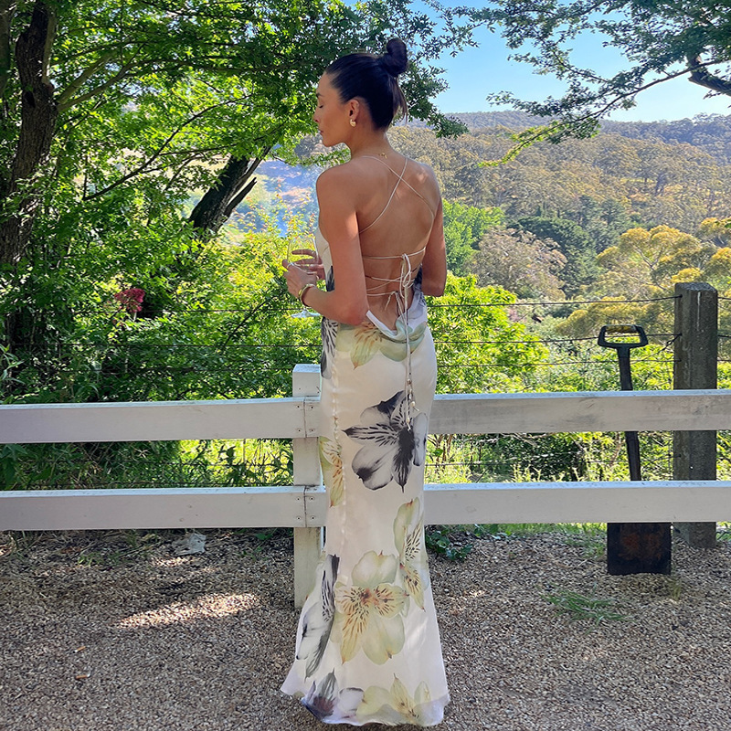  Sexy Printed Backless Sundress V-Neck Adjustable Strappy Maxi Dress
