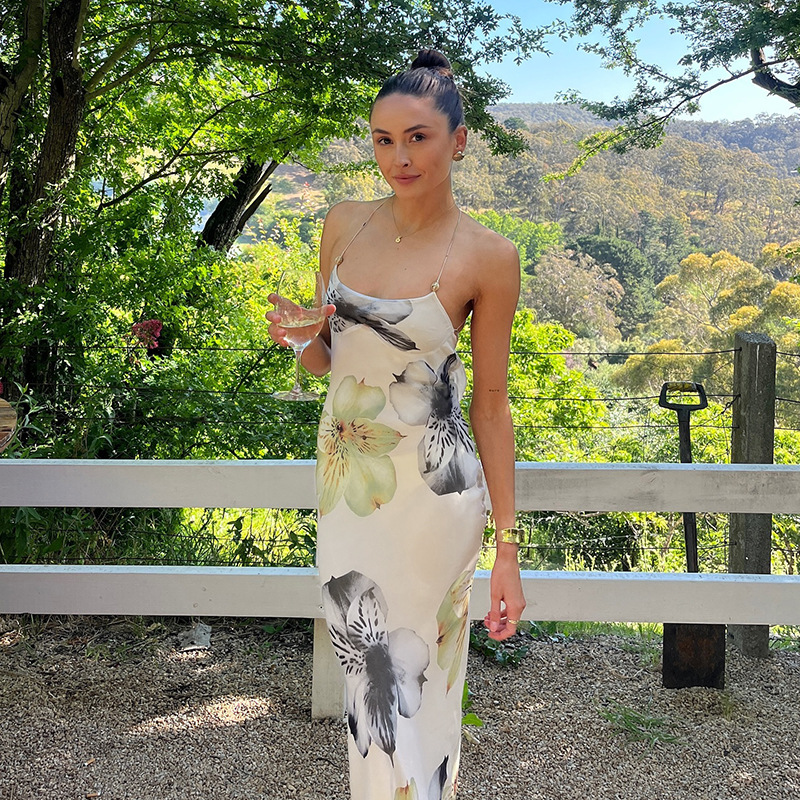  Sexy Printed Backless Sundress V-Neck Adjustable Strappy Maxi Dress