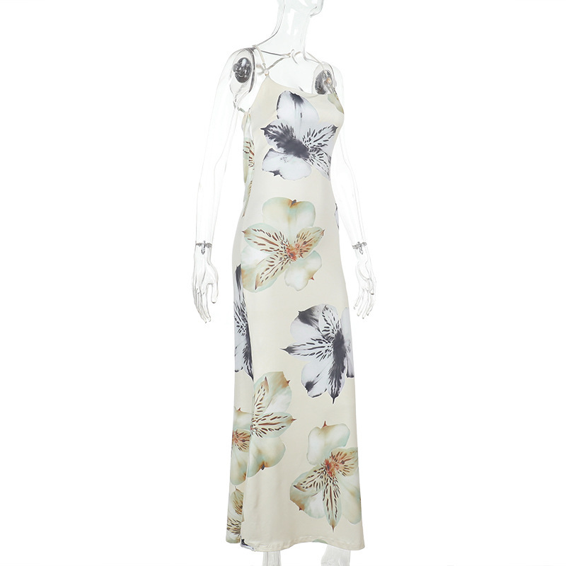  Sexy Printed Backless Sundress V-Neck Adjustable Strappy Maxi Dress