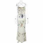  Sexy Printed Backless Sundress V-Neck Adjustable Strappy Maxi Dress