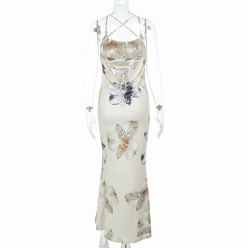  Sexy Printed Backless Sundress V-Neck Adjustable Strappy Maxi Dress
