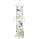  Sexy Printed Backless Sundress V-Neck Adjustable Strappy Maxi Dress