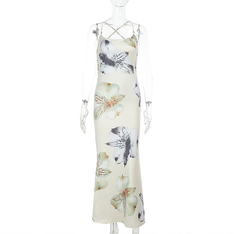  Sexy Printed Backless Sundress V-Neck Adjustable Strappy Maxi Dress