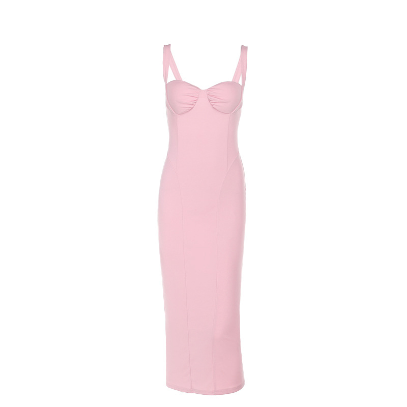   Strapless V-Neck High Slit Pink Sexy Bodycon Long Dress