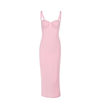   Strapless V-Neck High Slit Pink Sexy Bodycon Long Dress 01