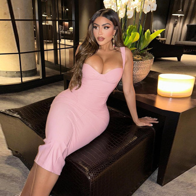   Strapless V-Neck High Slit Pink Sexy Bodycon Long Dress 02