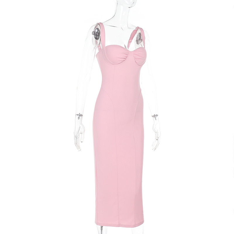   Strapless V-Neck High Slit Pink Sexy Bodycon Long Dress