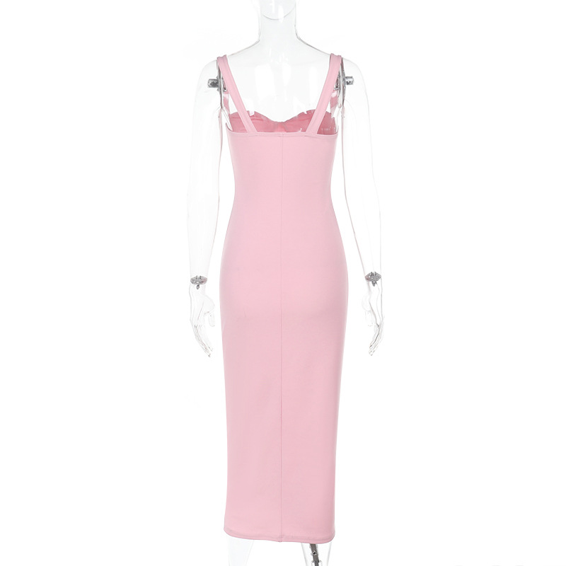   Strapless V-Neck High Slit Pink Sexy Bodycon Long Dress