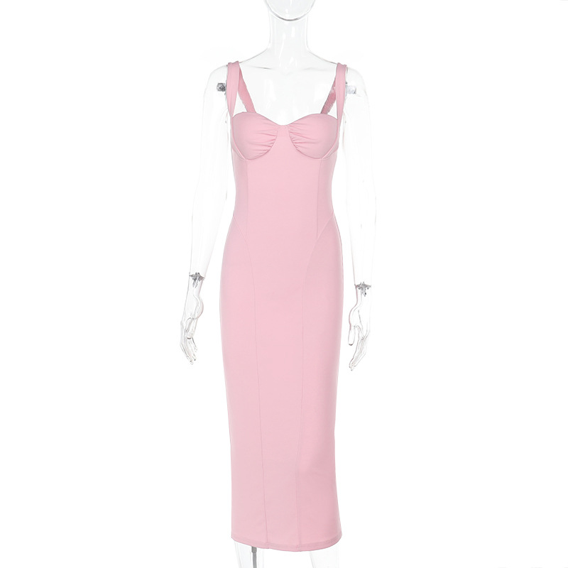   Strapless V-Neck High Slit Pink Sexy Bodycon Long Dress