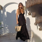 Waist-Cinching Flowy Gown  Elegant Halter Maxi Dress with V-Neck & Tiered Skirt,