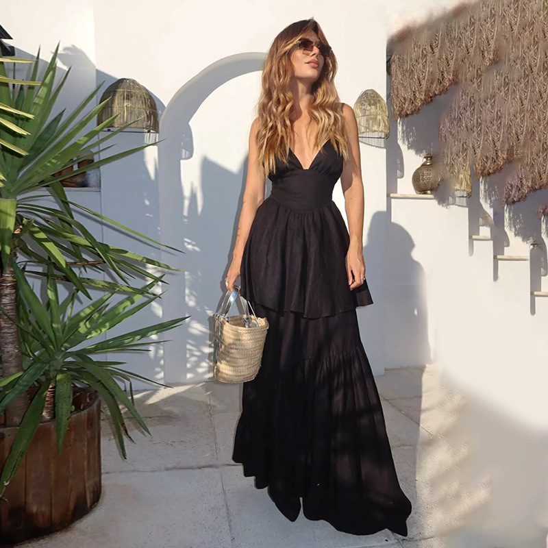 Waist-Cinching Flowy Gown  Elegant Halter Maxi Dress with V-Neck & Tiered Skirt,