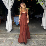 Waist-Cinching Flowy Gown  Elegant Halter Maxi Dress with V-Neck & Tiered Skirt,