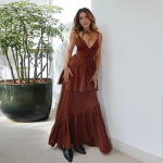 Waist-Cinching Flowy Gown  Elegant Halter Maxi Dress with V-Neck & Tiered Skirt,