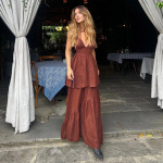 Waist-Cinching Flowy Gown  Elegant Halter Maxi Dress with V-Neck & Tiered Skirt,