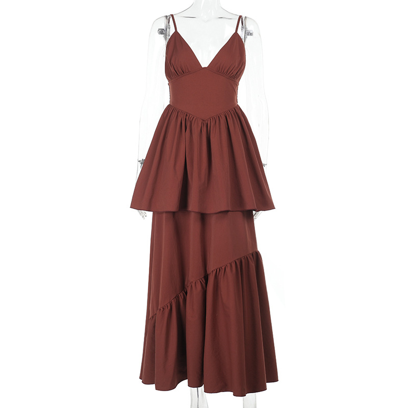 Waist-Cinching Flowy Gown  Elegant Halter Maxi Dress with V-Neck & Tiered Skirt,