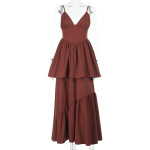 Waist-Cinching Flowy Gown  Elegant Halter Maxi Dress with V-Neck & Tiered Skirt,