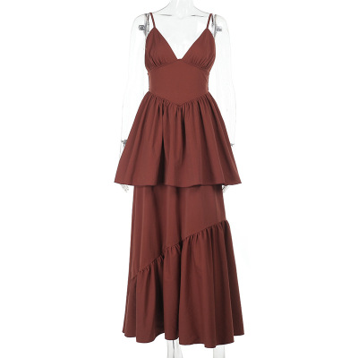 Waist-Cinching Flowy Gown  Elegant Halter Maxi Dress with V-Neck & Tiered Skirt, 01