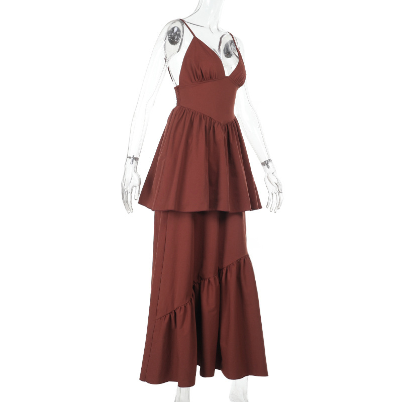 Waist-Cinching Flowy Gown  Elegant Halter Maxi Dress with V-Neck & Tiered Skirt,