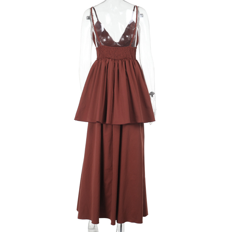Waist-Cinching Flowy Gown  Elegant Halter Maxi Dress with V-Neck & Tiered Skirt,