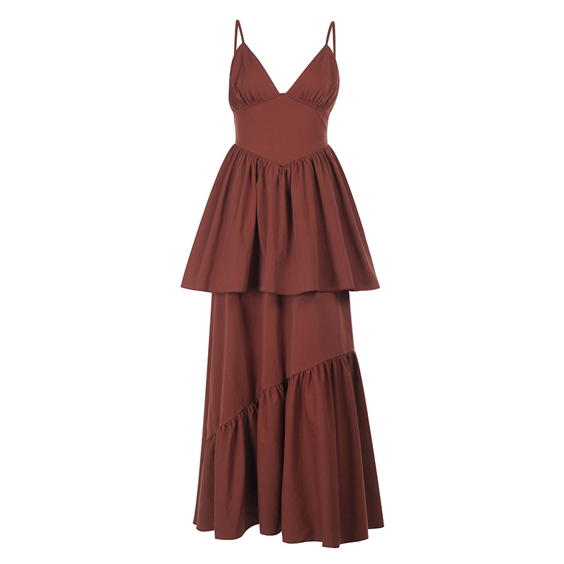 Waist-Cinching Flowy Gown  Elegant Halter Maxi Dress with V-Neck & Tiered Skirt,