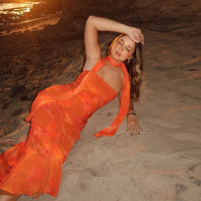 Off-Shoulder Tied Ribbon Chiffon Printed Maxi Dress 02