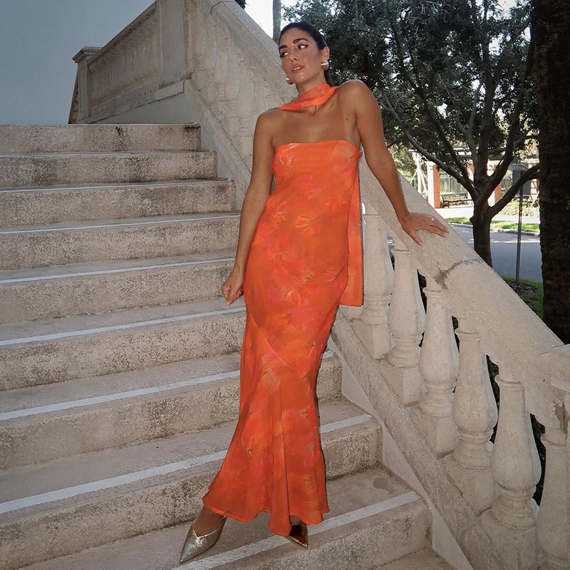 Off-Shoulder Tied Ribbon Chiffon Printed Maxi Dress
