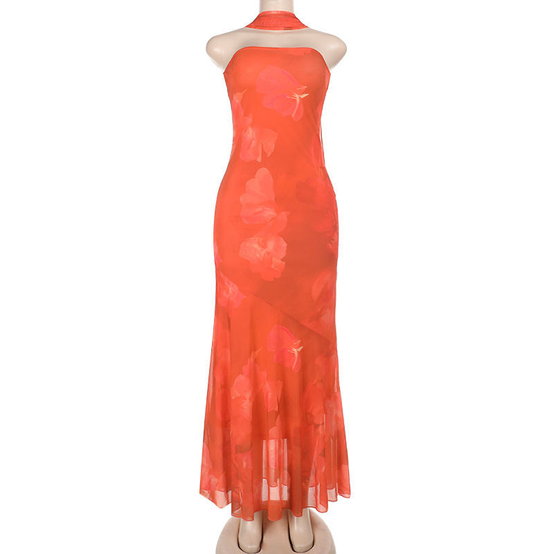 Off-Shoulder Tied Ribbon Chiffon Printed Maxi Dress