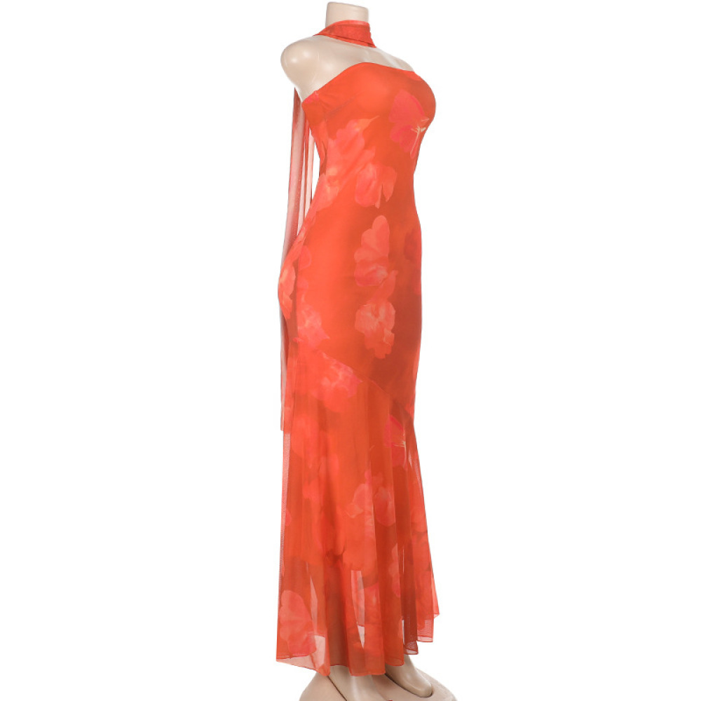 Off-Shoulder Tied Ribbon Chiffon Printed Maxi Dress