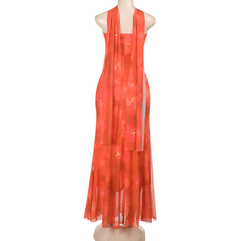 Off-Shoulder Tied Ribbon Chiffon Printed Maxi Dress