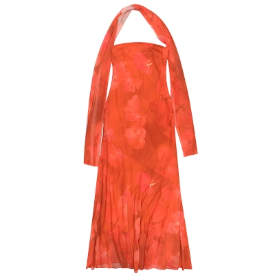 Off-Shoulder Tied Ribbon Chiffon Printed Maxi Dress 01