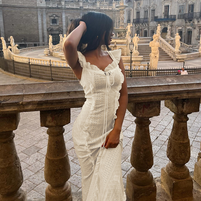 French Style Vintage Off-the-Shoulder Lace Trim Tank Dress