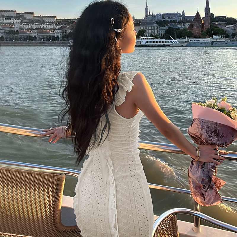 French Style Vintage Off-the-Shoulder Lace Trim Tank Dress