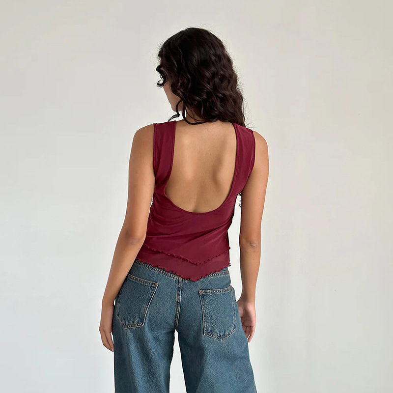 Sheer Mesh Panel Round Neck Tank Top