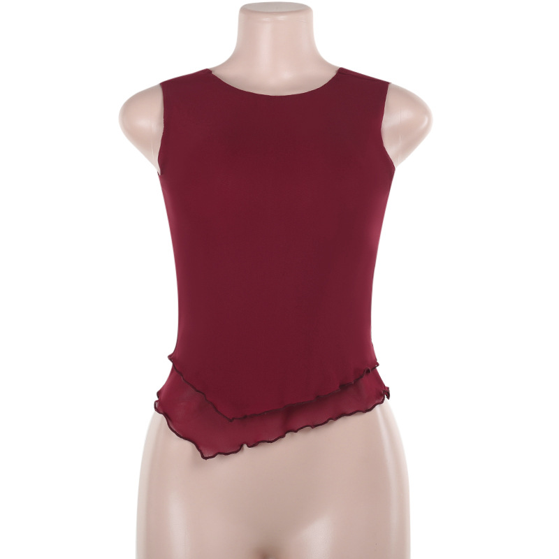 Sheer Mesh Panel Round Neck Tank Top