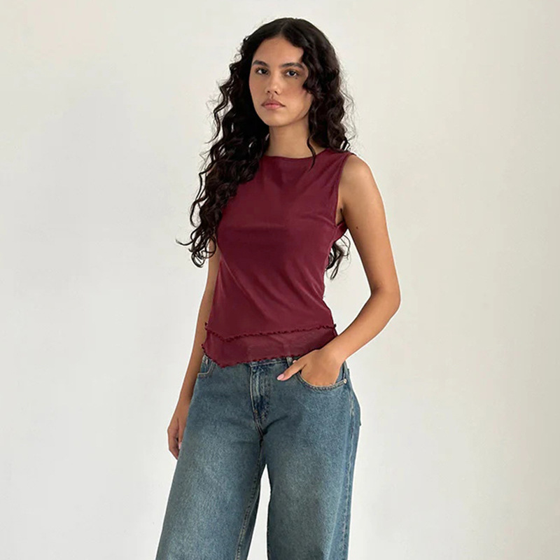 Sheer Mesh Panel Round Neck Tank Top