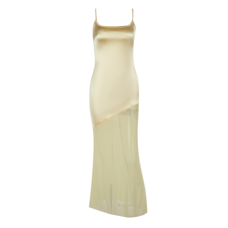 Elegant Satin & Sheer Mesh Panel Tank Maxi Dress