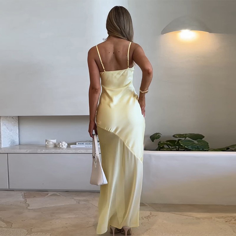 Elegant Satin & Sheer Mesh Panel Tank Maxi Dress