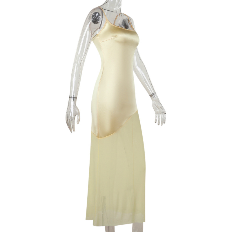 Elegant Satin & Sheer Mesh Panel Tank Maxi Dress