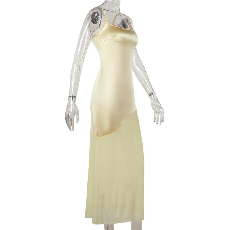 Elegant Satin & Sheer Mesh Panel Tank Maxi Dress