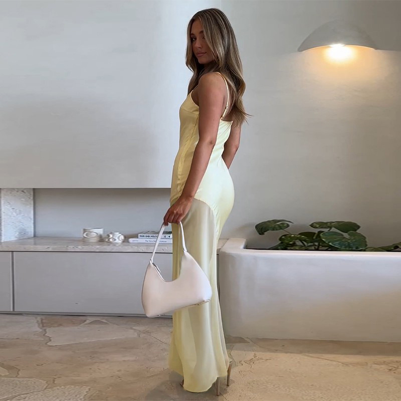 Elegant Satin & Sheer Mesh Panel Tank Maxi Dress