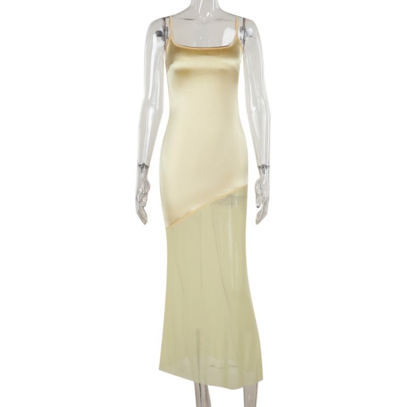 Elegant Satin & Sheer Mesh Panel Tank Maxi Dress