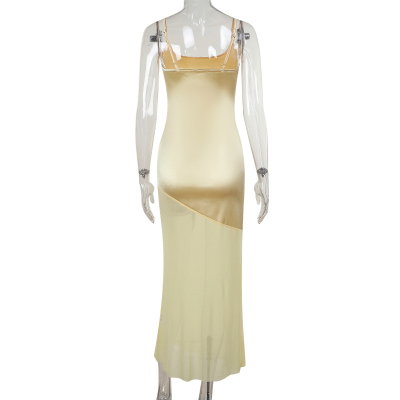 Elegant Satin & Sheer Mesh Panel Tank Maxi Dress