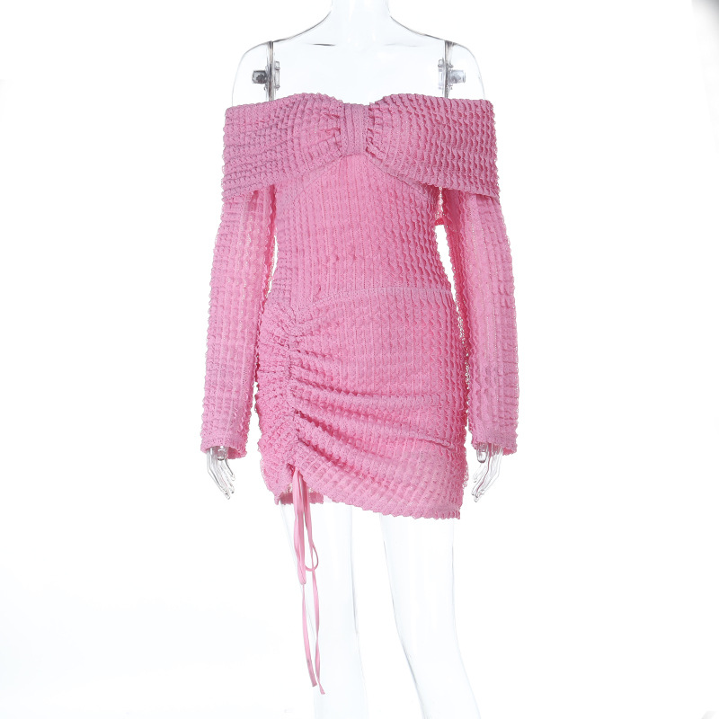 Textured Jacquard One-Shoulder Long Sleeve Maxi Dress