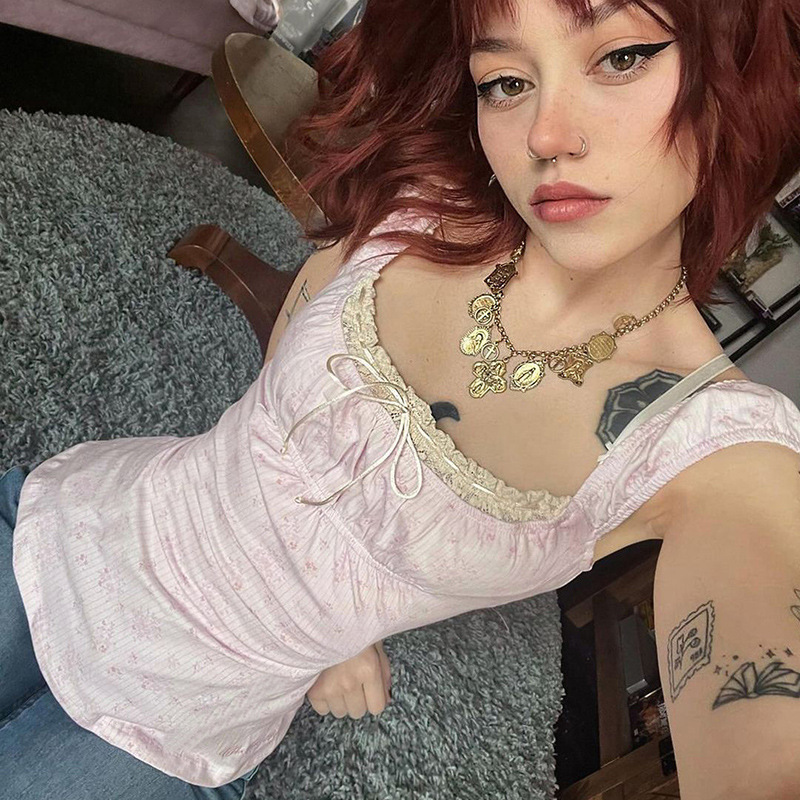 Floral Print Sleeveless Top with Front Bow Detail