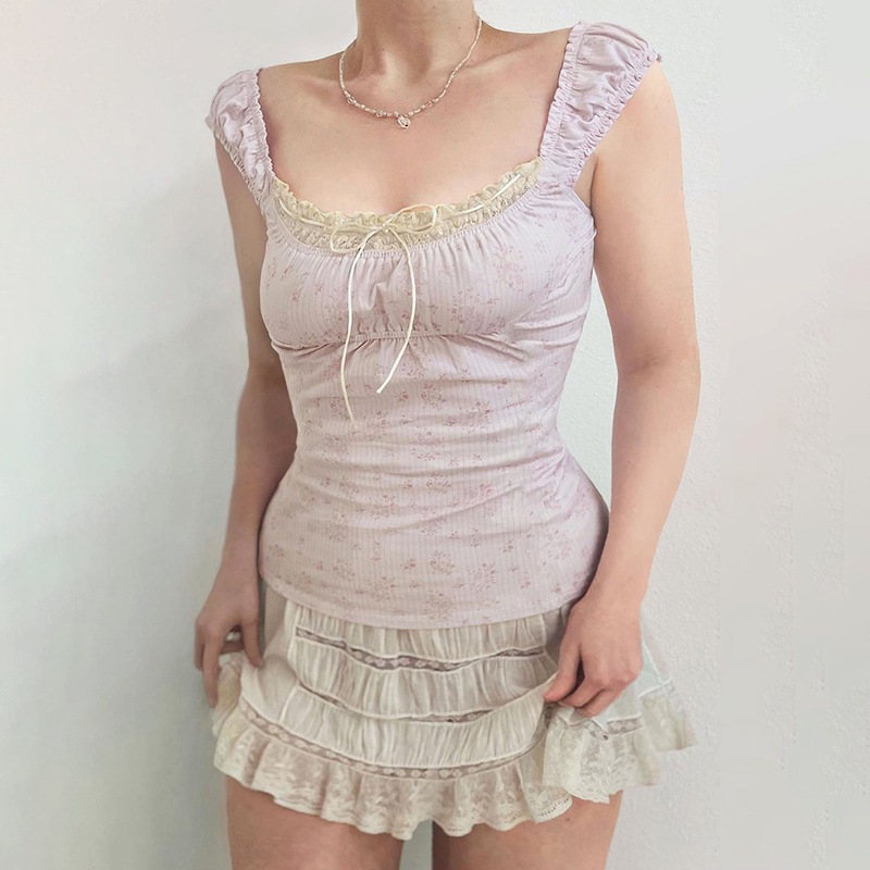 Floral Print Sleeveless Top with Front Bow Detail