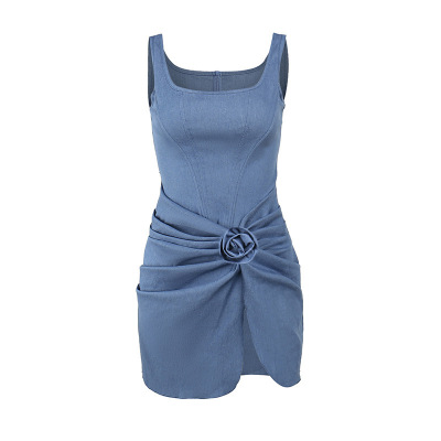 Fitted Denim Mini Dress with Floral Embroidery 01
