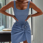 Fitted Denim Mini Dress with Floral Embroidery