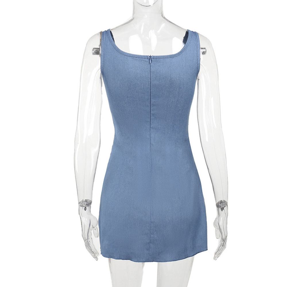 Fitted Denim Mini Dress with Floral Embroidery