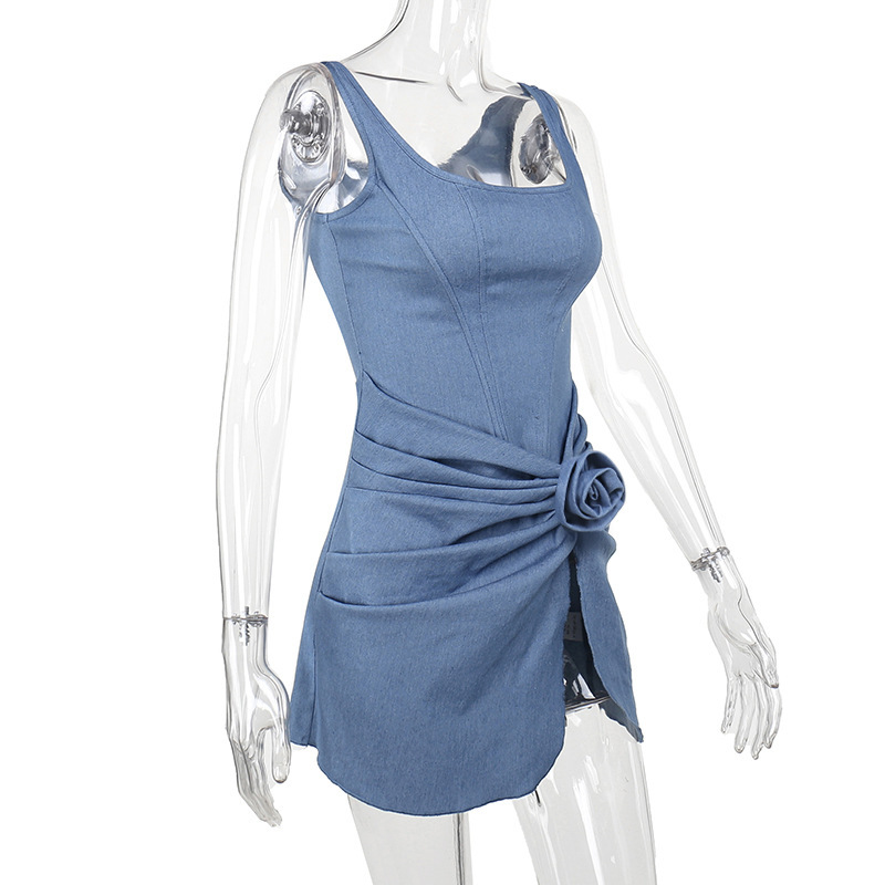 Fitted Denim Mini Dress with Floral Embroidery