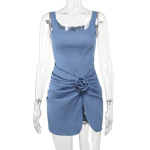 Fitted Denim Mini Dress with Floral Embroidery
